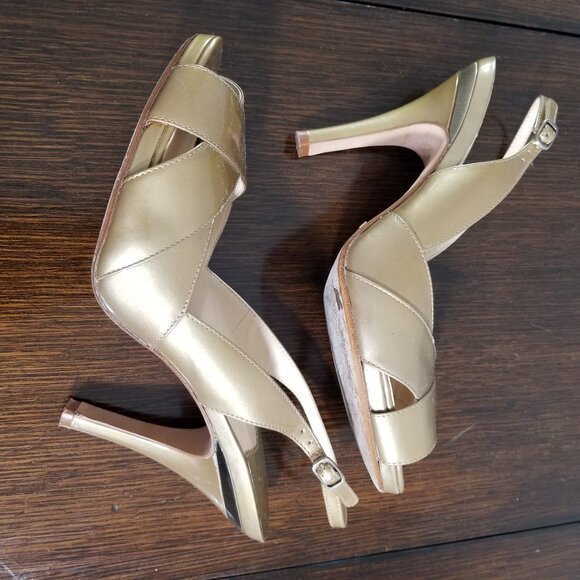Cole Haan Womens 9B Nike Air Gold Patent Leather Heel Sling Back Open Toe Heels - Picture 7 of 12